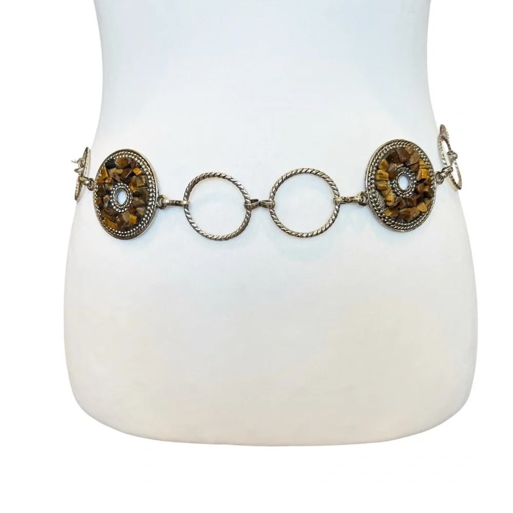 Vintage Retro Chain Belt Silver & Pebbled Mosaic Discs Statement Women’s 48”